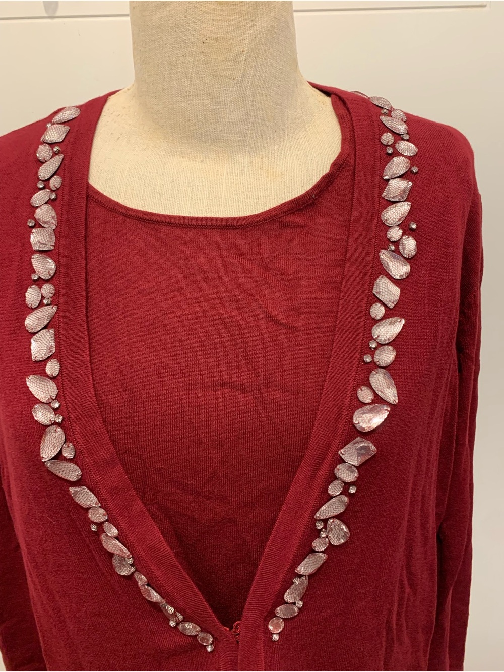 JONES NEW YORK,red cardigan, matching tank set featuring crystal embellishments
